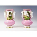 A pair of Continental porcelain vases, late 19th century, each of cylindrical form, decorated with a