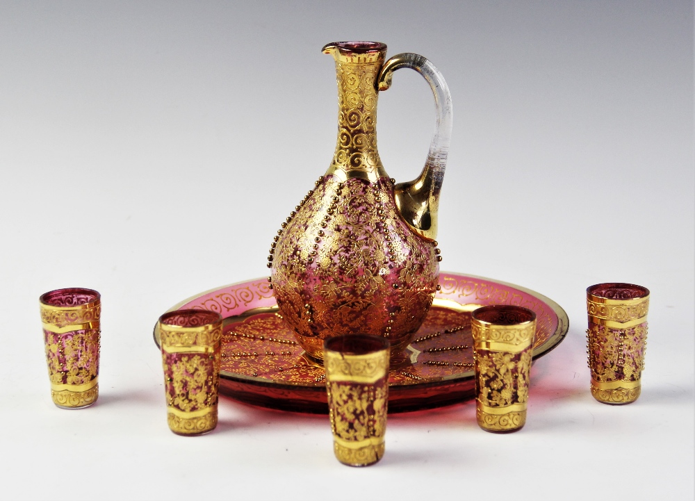 A Bohemian glass liqueur set in the manner Moser, comprising; a ewer, 16cm high, five glasses and - Image 2 of 3