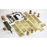 A collection of brass door fittings, to include eight brass door finger plates, a masonic brass door