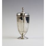 A George V silver sugar caster by Edward Barnard & Sons Ltd, London 1913, of tapering cylindrical