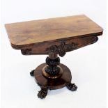 A William IV rosewood pedestal tea table, the 'D' shaped folding top above a frieze applied with