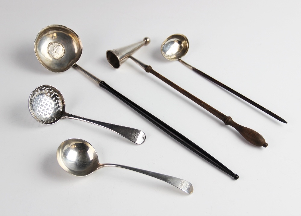 A George II toddy ladle with 1743 crown set to bowl, 35.5cm long, together with a George III