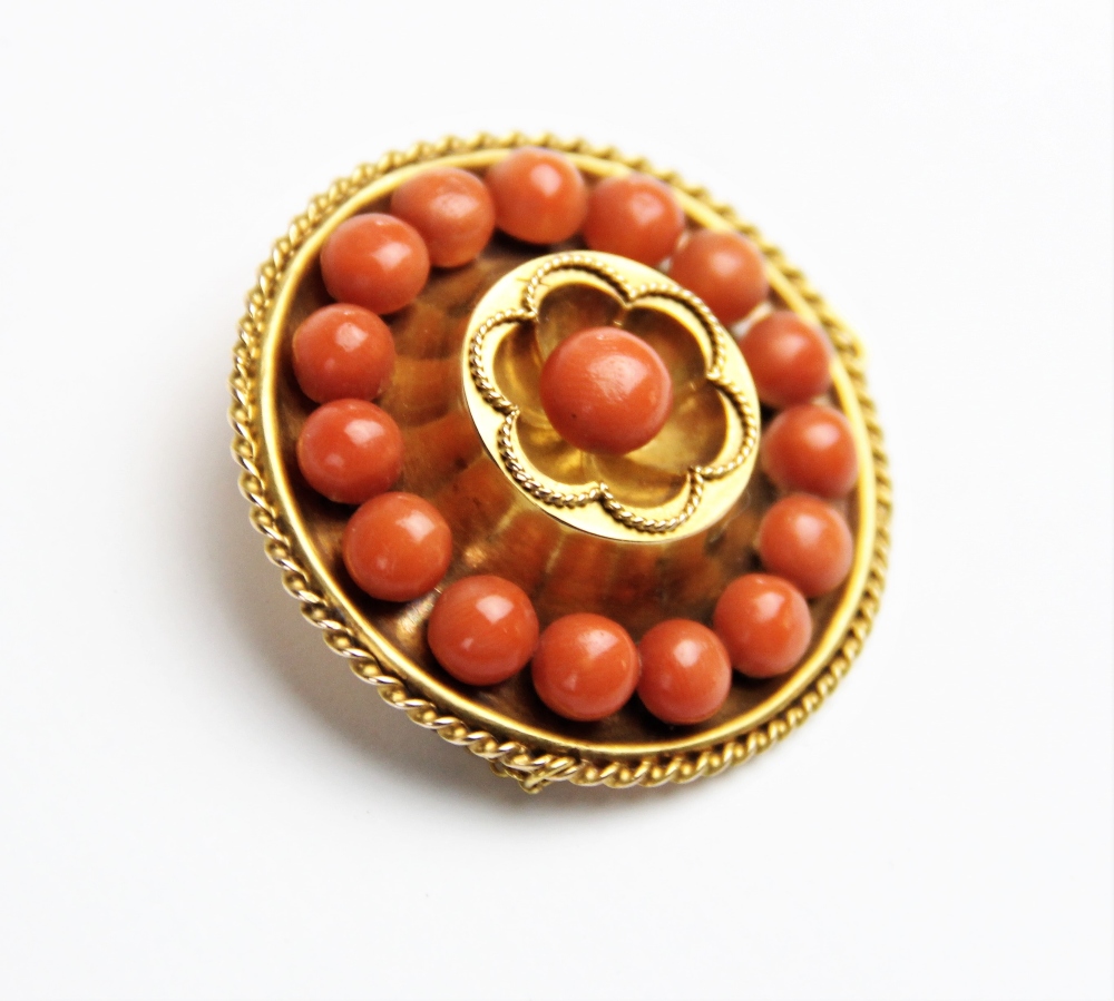 A Victorian coral set memorial target brooch, the central panel designed as a six petal flower - Image 3 of 4