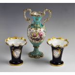 A classical urn form vase, 19th century, the body panels decorated in the manner of Coalport with