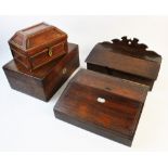 An 18th century oak candle box, the horizontal hinged box with a shaped fret work back, 34cm wide, a