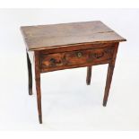 An early 18th century elm side table, the rectangular moulded top above a single oak lined frieze