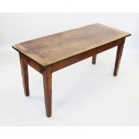 A 19th century and later French fruitwood kitchen table, the rectangular twin plank top with cleated