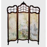 A Belle Epoque French painted three fold silk screen, the carved foliate swept walnut frame with