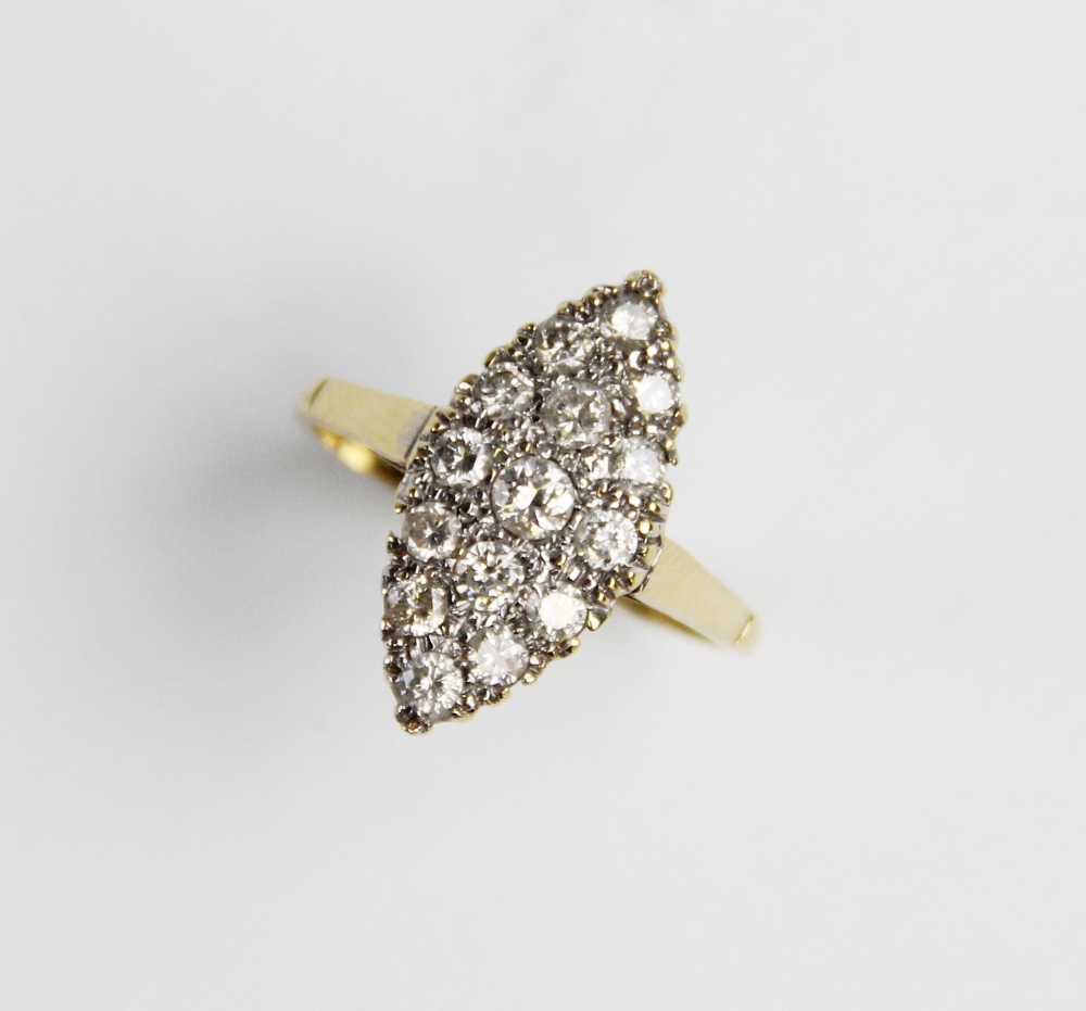 A diamond and 18ct gold marquise cluster ring, comprising fifteen round brilliant cut diamonds,