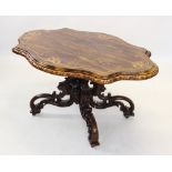 A Victorian rosewood centre table, the shaped top inlaid with foliate sprigs united by stringing,