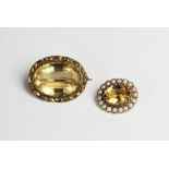 A 9ct gold citrine and pearl cluster brooch, comprising a central oval mixed cut citrine measuring