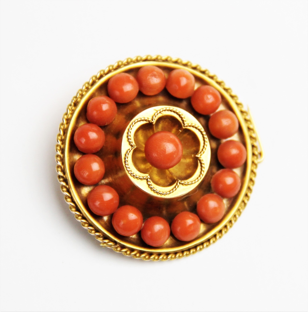 A Victorian coral set memorial target brooch, the central panel designed as a six petal flower - Image 2 of 4