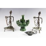 A Moroccan Tamegroute pottery sconce, of pedestal form supporting five candlesticks, 26cm high, with