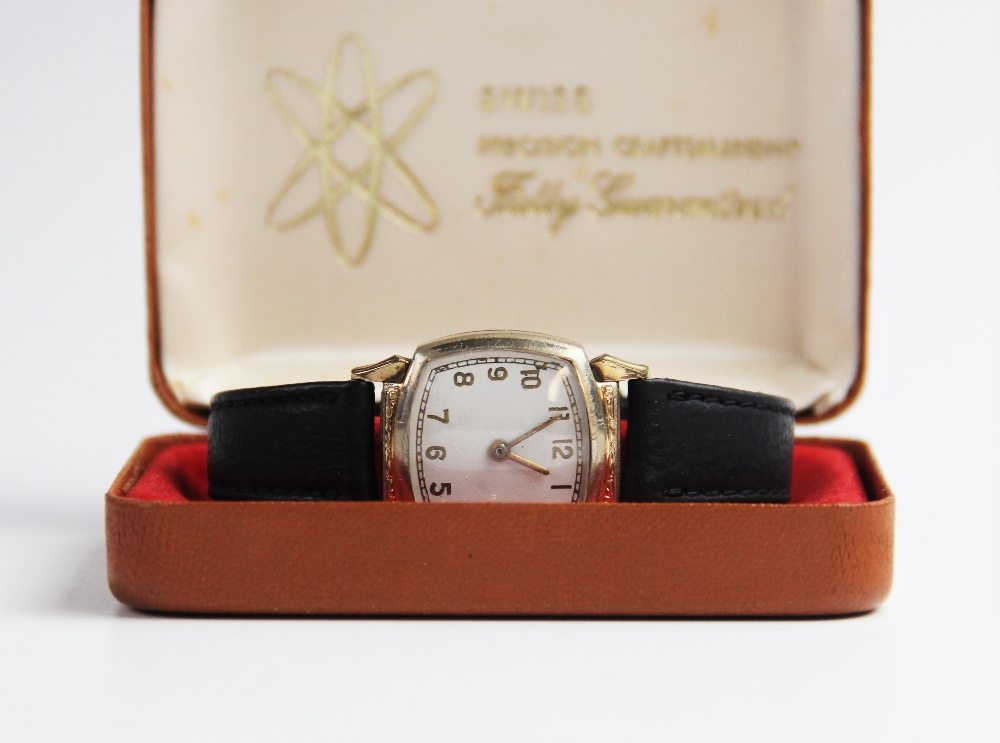 A vintage wristwatch, the white enamel dial with gold toned Arabic numerals and outer seconds track, - Bild 3 aus 4