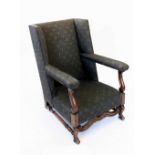An early 20th century walnut and upholstered French style open armchair, the high padded back with