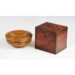 A George III mahogany and rosewood tea caddy, the hinged covered with inlaid conch shell detail, the