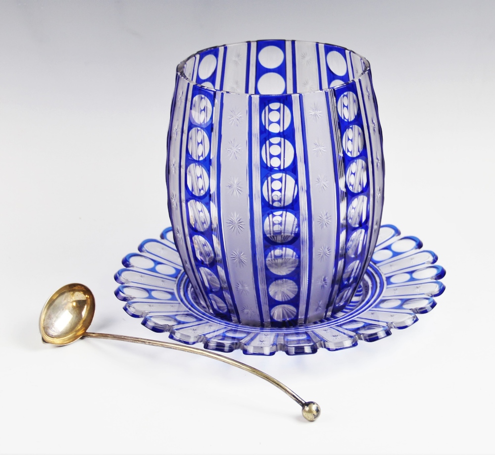 An early 20th century blue flashed cut glass punch bowl and stand with associated EPNS ladle, 24cm - Image 3 of 3