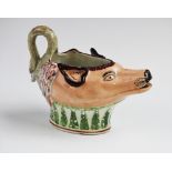 A pearlware zoomorphic sauce boat, late 18th century, modelled as a fox mask with swan's neck