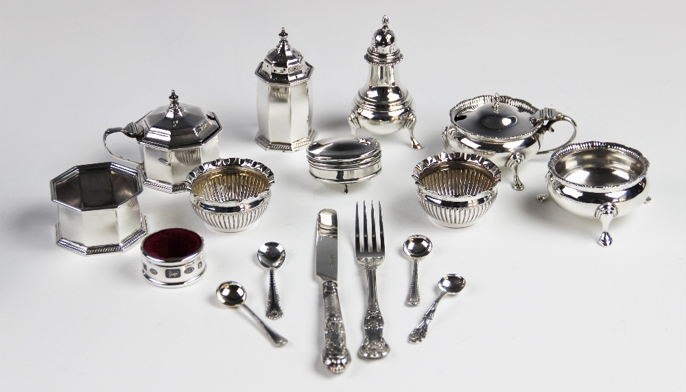 A George V silver condiment set by Edward Barnard & Sons Ltd, London 1936, each of baluster form