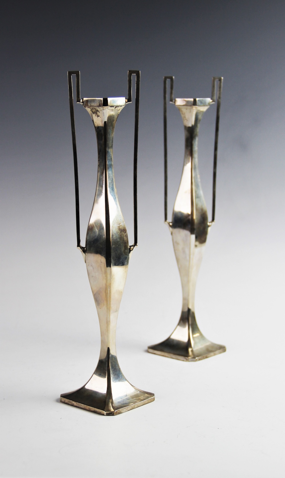 A pair of Art Nouveau silver stem vases by James Deakin & Sons, Chester 1908, of plain polished - Image 3 of 4