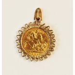 An Edwardian half sovereign, dated 1909, set to a pierced yellow metal pendant mount (unmarked),