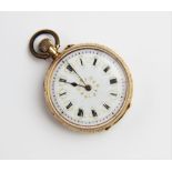 A lady's continental 14ct gold fob watch, the round white dial with roman numerals and git