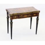 A 19th century Italian marquetry and burr thuya folding card table, the rectangular top centred with