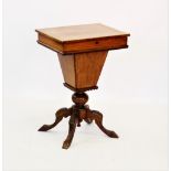 A Victorian burr walnut sewing table, the figured rectangular hinged top concealing a lined