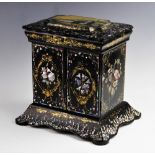 A Victorian mother of pearl and abalone shell inlaid, papier mache jewellery casket depicting a