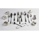A selection of silver cutlery and tableware, to include a silver caddy spoon by Roberts & Belk,