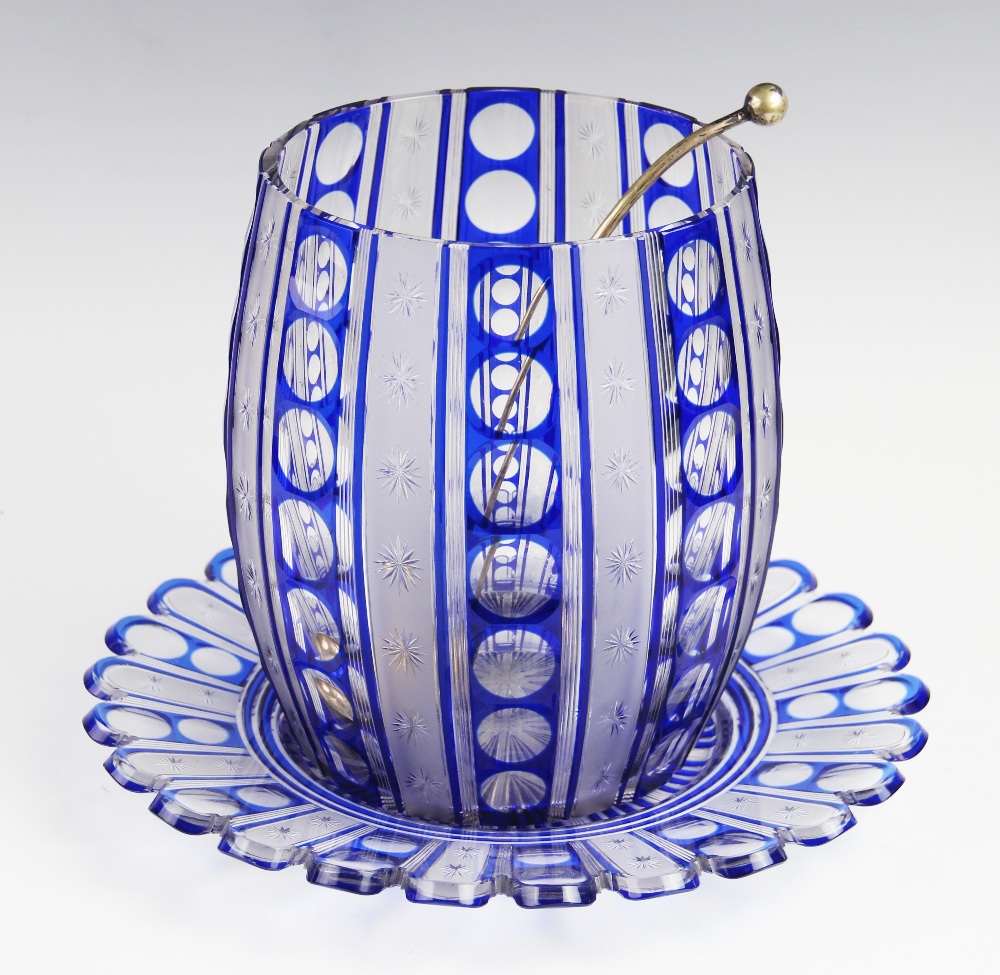 An early 20th century blue flashed cut glass punch bowl and stand with associated EPNS ladle, 24cm - Image 2 of 3