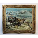 M Barjesteh (Continental school, 20th century), Oil on canvas, Fishing boats drawn up on a beach,