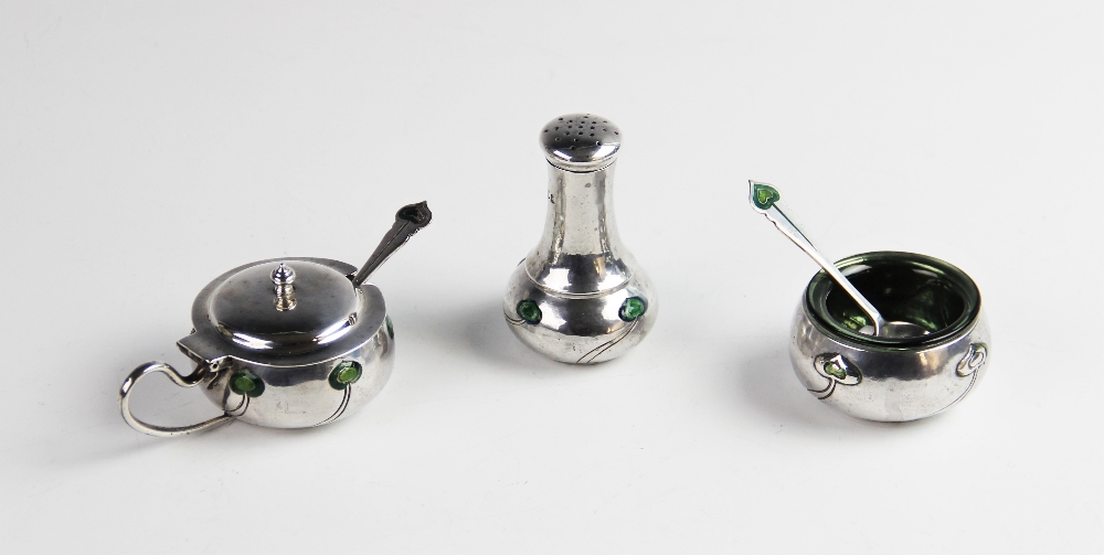 An Arts & Crafts silver and enamel part condiment set by George Lawrence Connell, London 1903, - Image 2 of 2