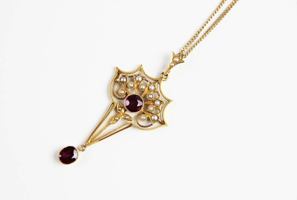 An Edwardian untested ruby and seed pearl set pendant, comprising a round mixed cut ruby measuring - Image 2 of 5