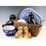 A collection of 19th century and later blue and white transfer printed Willow pattern dinner