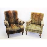 Two Howard type arm chairs, 19th century, the first with padded scroll arms on turned front legs and