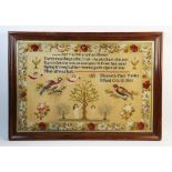 A Victorian sampler, mid 19th century, worked by Elizabeth Platt Tabley and dated 1865, depicting