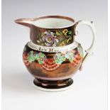 A Sunderland copper lustre documentary jug, early 19th century, the body with relief moulded