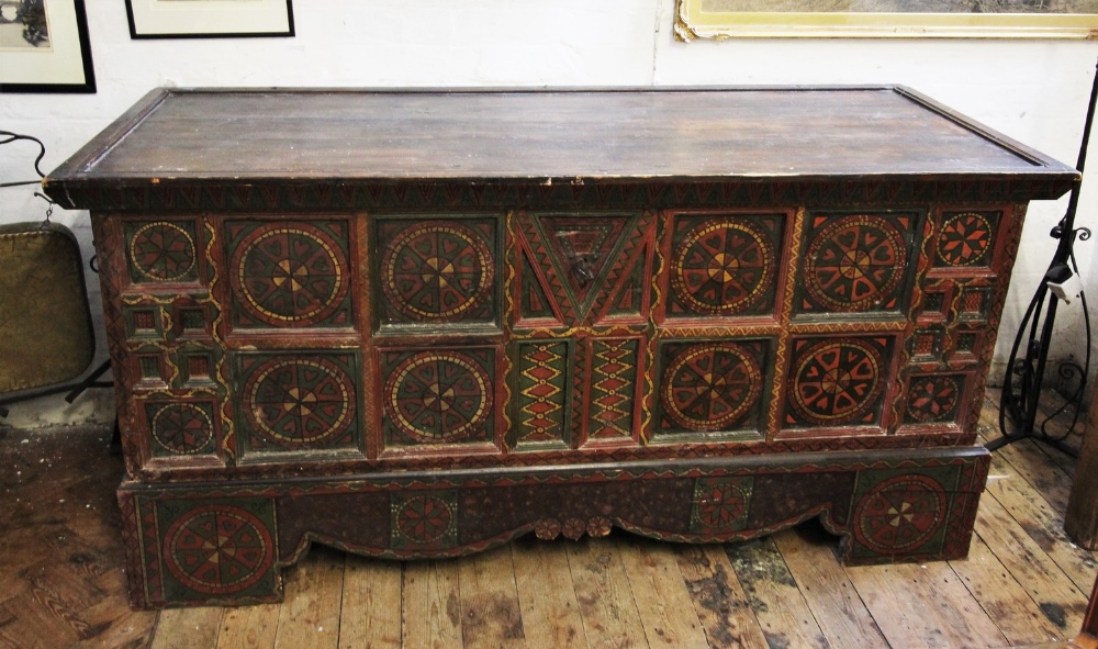 A 19th century Eastern European painted folk art pine chest, painted with geometric designs, the - Image 2 of 2