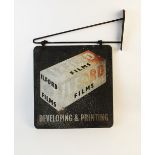 A vintage double sided hanging sign for 'Ilford Films Developing & Printing', the sheet metal sign