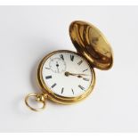 An 18ct gold full hunter pocket watch, the round white enamelled dial with Roman numerals and