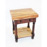 A Victorian mahogany ecclesiastical side table, later converted to a butchers block, the rectangular