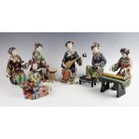 Five Chinese porcelain Geisha musicians, 20th century, each modelled seated playing an instrument (