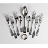 Six fiddle pattern silver forks, four with marks London 1831, another with marks for London 1824,