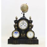 A late 19th century French slate weather station clock, the case surmounted with a 15cm world