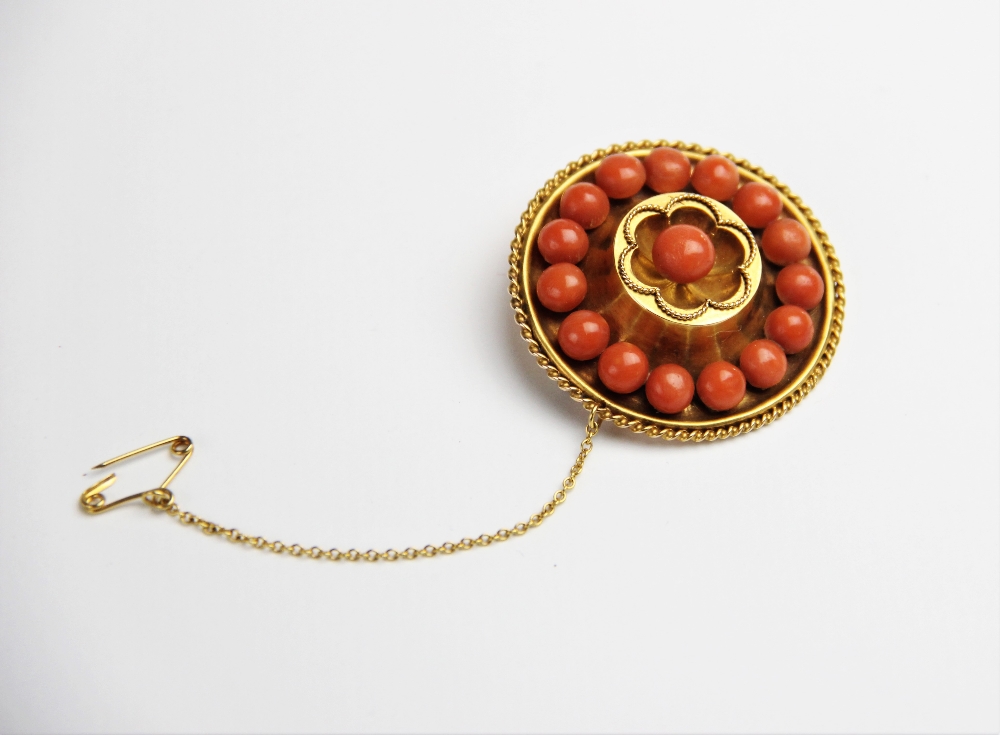 A Victorian coral set memorial target brooch, the central panel designed as a six petal flower - Image 4 of 4