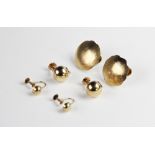 A pair of 9ct gold screw-back earrings, each of circular domed form, 12mm diameter, together with