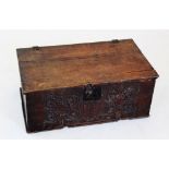 An early 18th century oak bible or document box, the rectangular hinged cover concealing a fitted