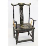 A Chinese lacquered Altar chair, early 20th century, the bow shaped top rail above a splat back with