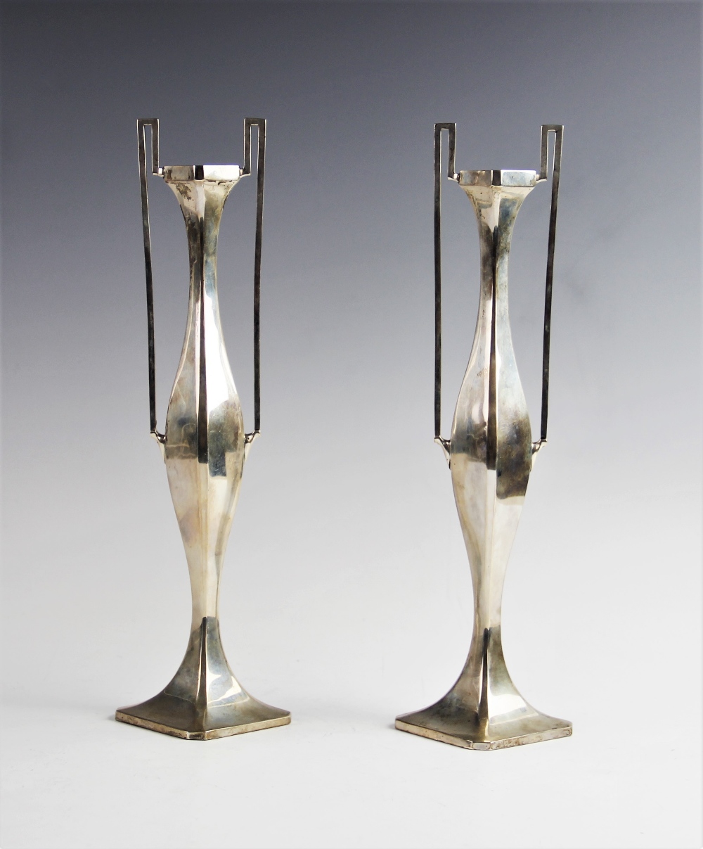 A pair of Art Nouveau silver stem vases by James Deakin & Sons, Chester 1908, of plain polished - Image 2 of 4